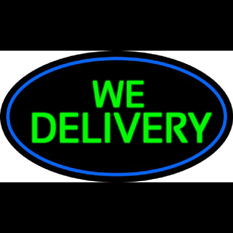 Green We Deliver Oval With Blue Border Neonkyltti