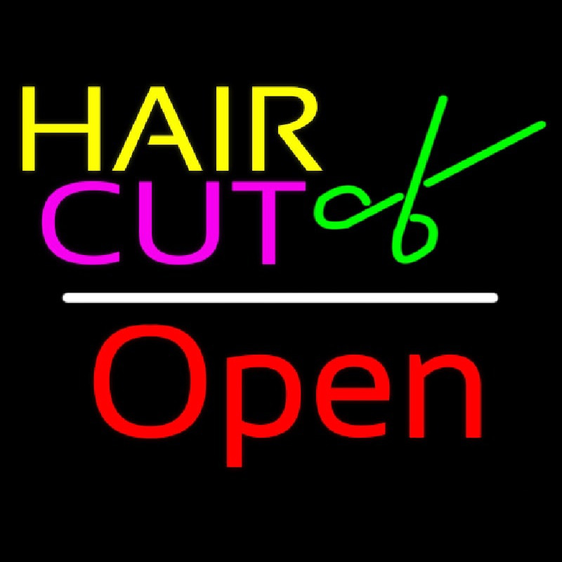 Hair Cut Logo Open White Line Neonkyltti