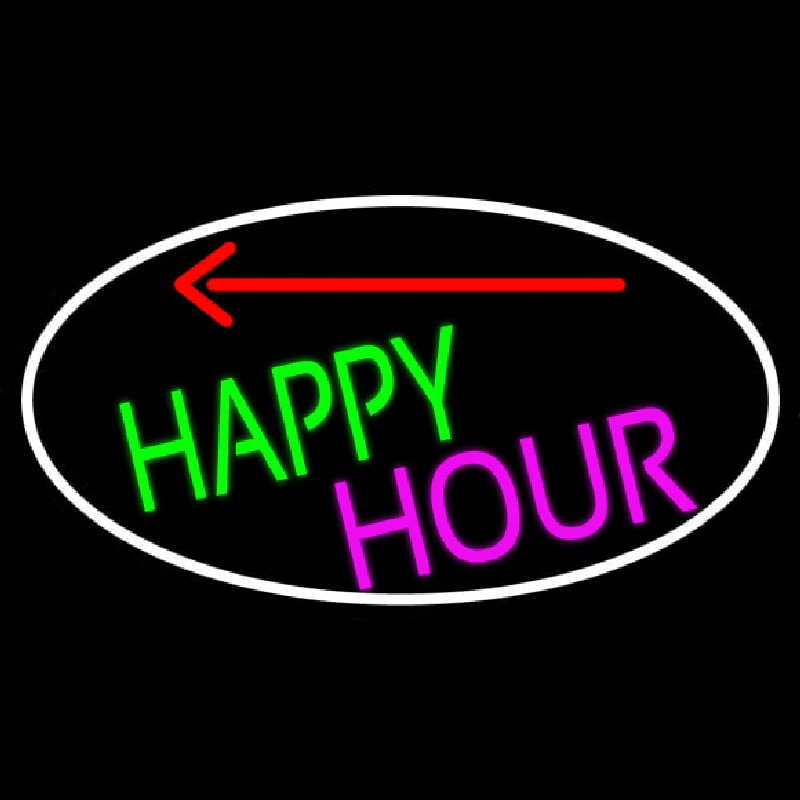 Happy Hour And Arrow Oval With White Border Neonkyltti