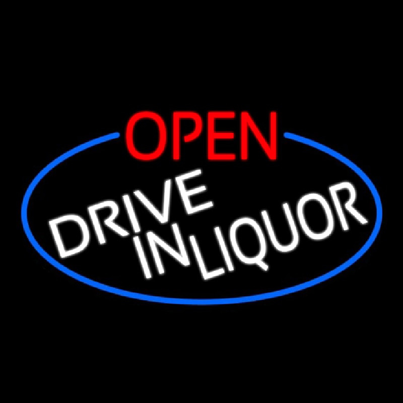 Open Drive In Liquor Oval With Blue Border Neonkyltti