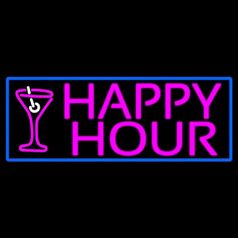 Pink Happy Hour And Wine Glass With Blue Border Neonkyltti