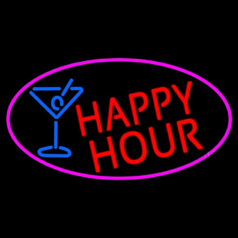 Red Happy Hour And Wine Glass Oval With Pink Border Neonkyltti