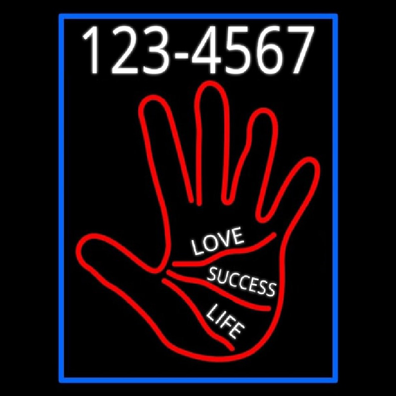 Red Palm With Phone Number Blue Border Neonkyltti